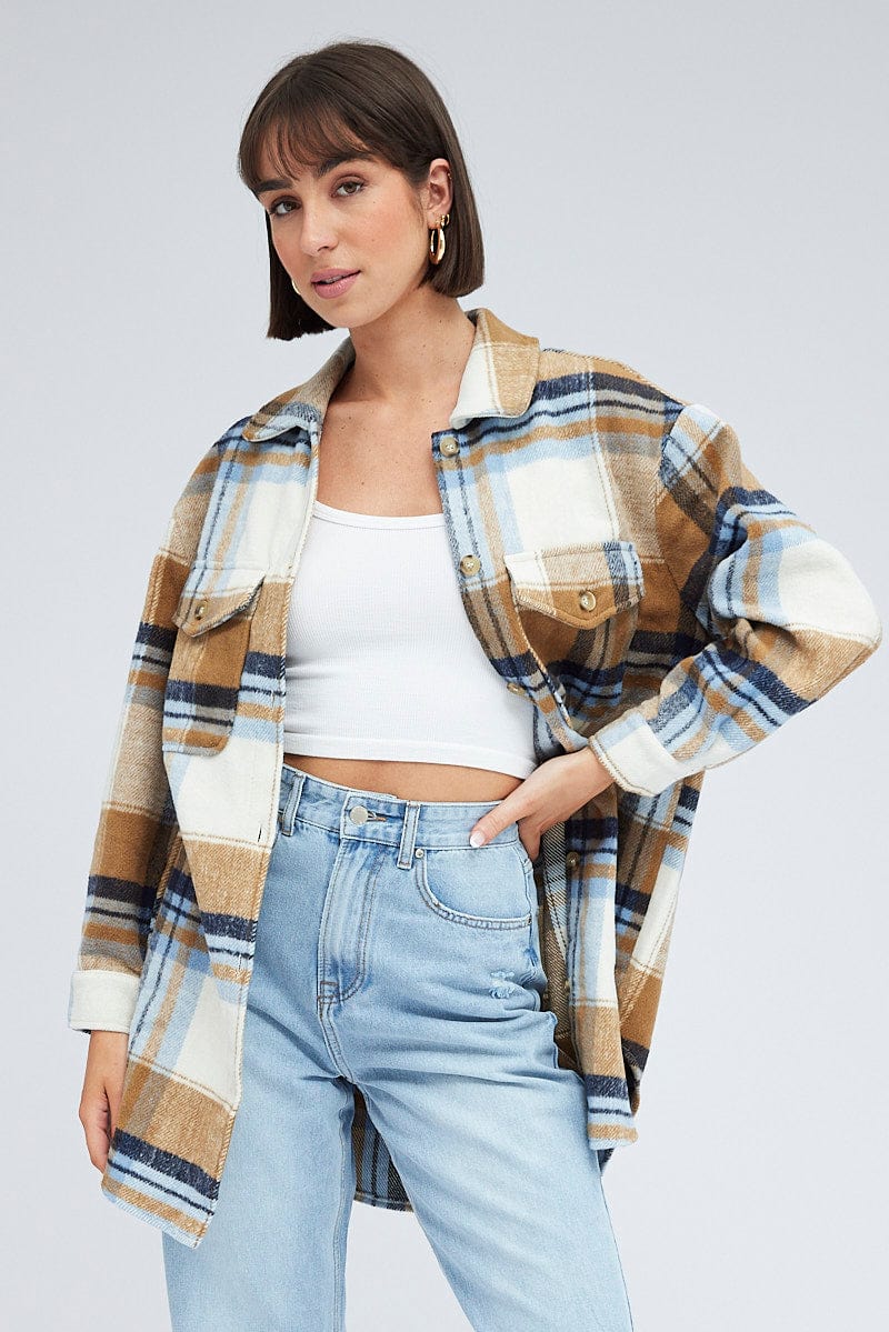 Brown Check Long Checked Print Jacket Long Sleeves for Ally Fashion