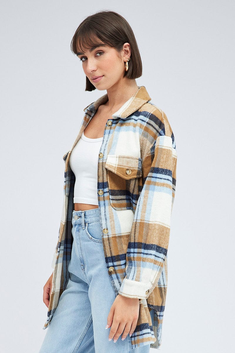 Brown Check Long Checked Print Jacket Long Sleeves for Ally Fashion