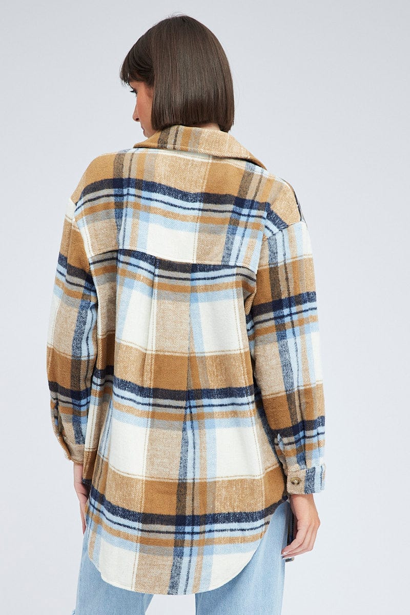 Brown Check Long Checked Print Jacket Long Sleeves for Ally Fashion