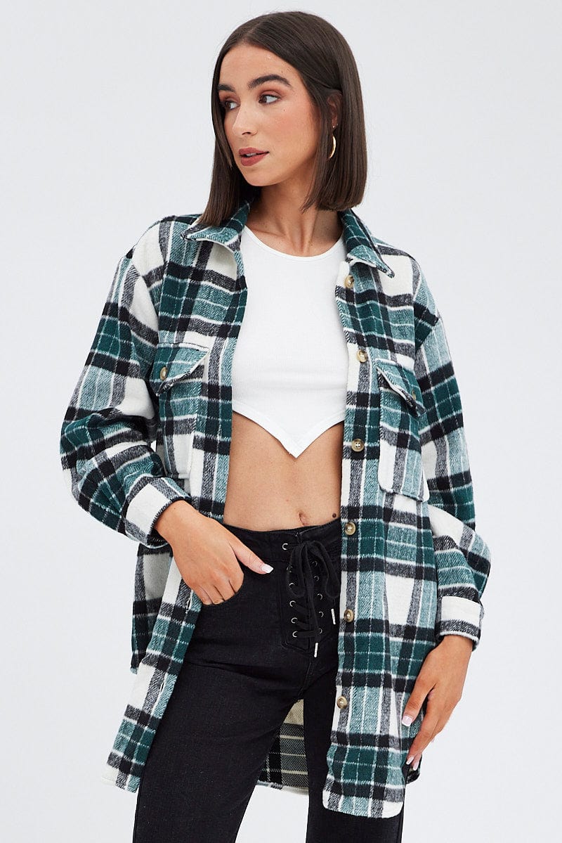 Green Check Long Print Jacket Long Sleeves for Ally Fashion