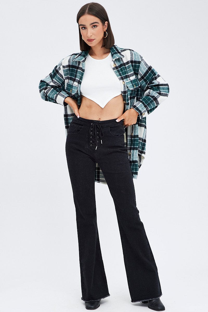 Green Check Long Print Jacket Long Sleeves for Ally Fashion