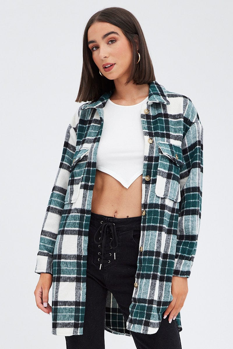 Green Check Long Print Jacket Long Sleeves for Ally Fashion
