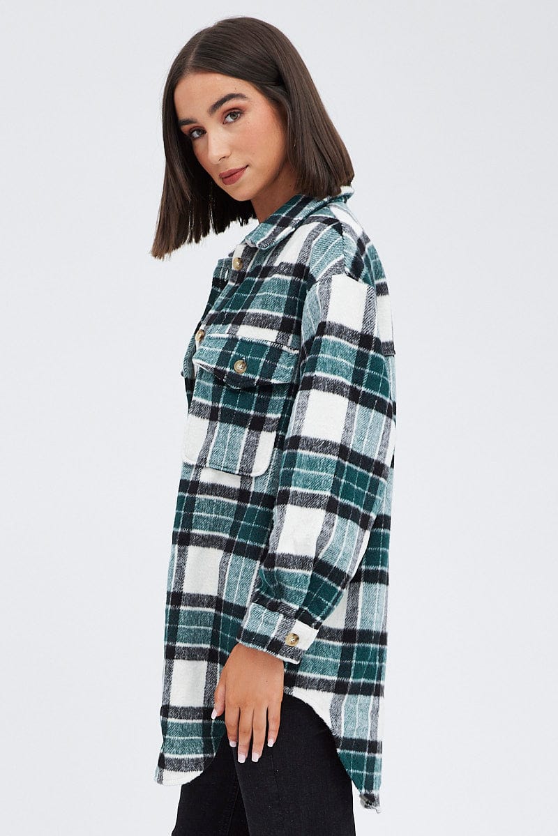 Green Check Long Print Jacket Long Sleeves for Ally Fashion