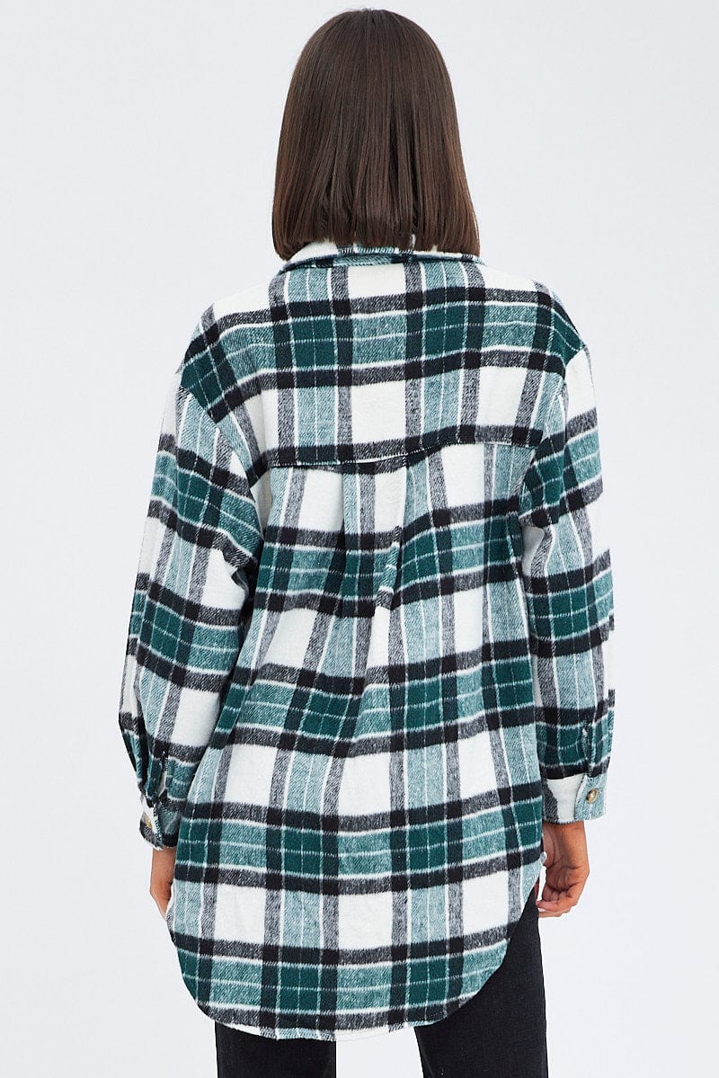 Green Check Long Print Jacket Long Sleeves for Ally Fashion