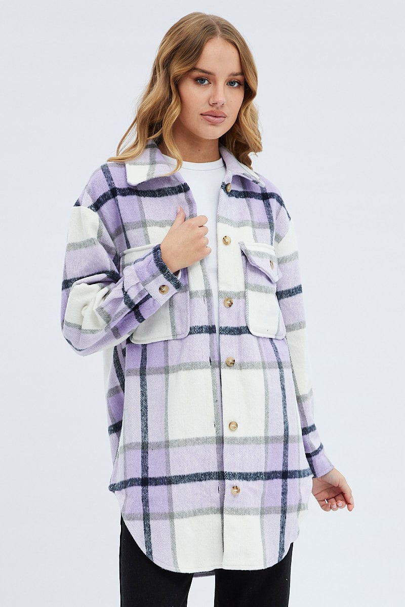 Purple Check Long Checked Print Jacket Long Sleeves for Ally Fashion