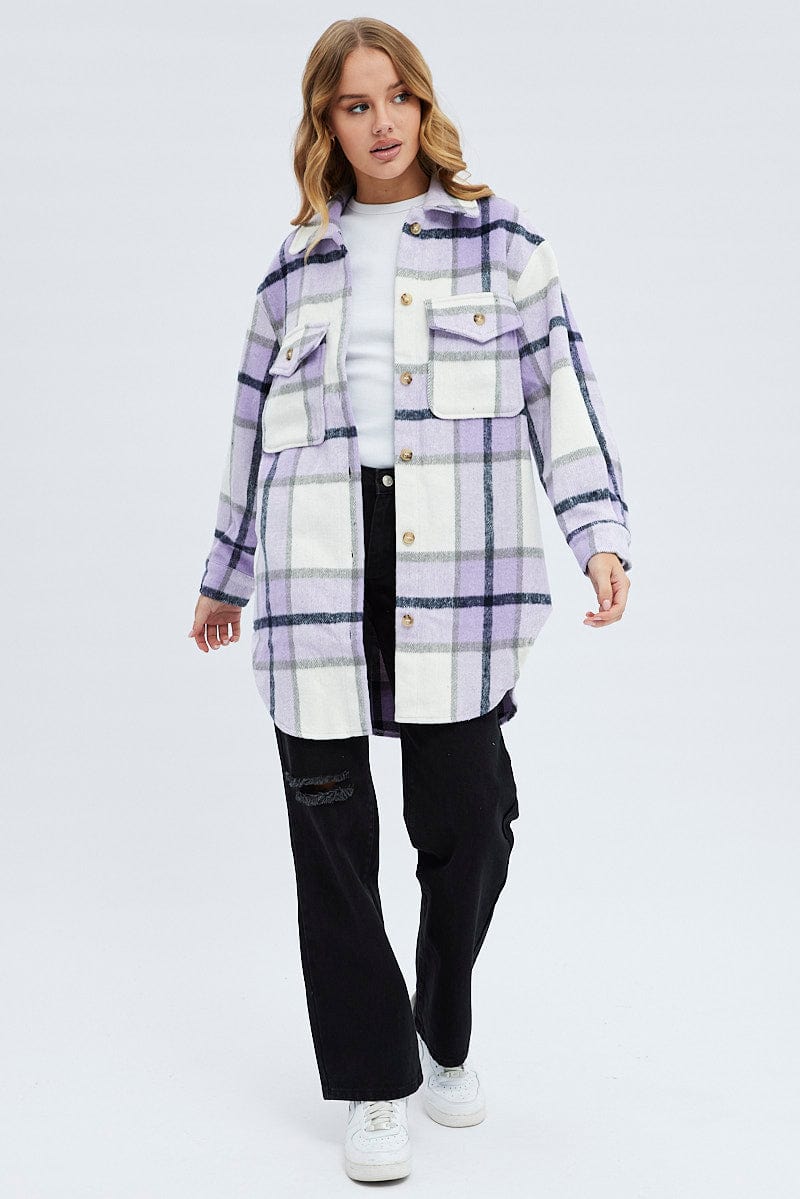 Purple Check Long Checked Print Jacket Long Sleeves for Ally Fashion