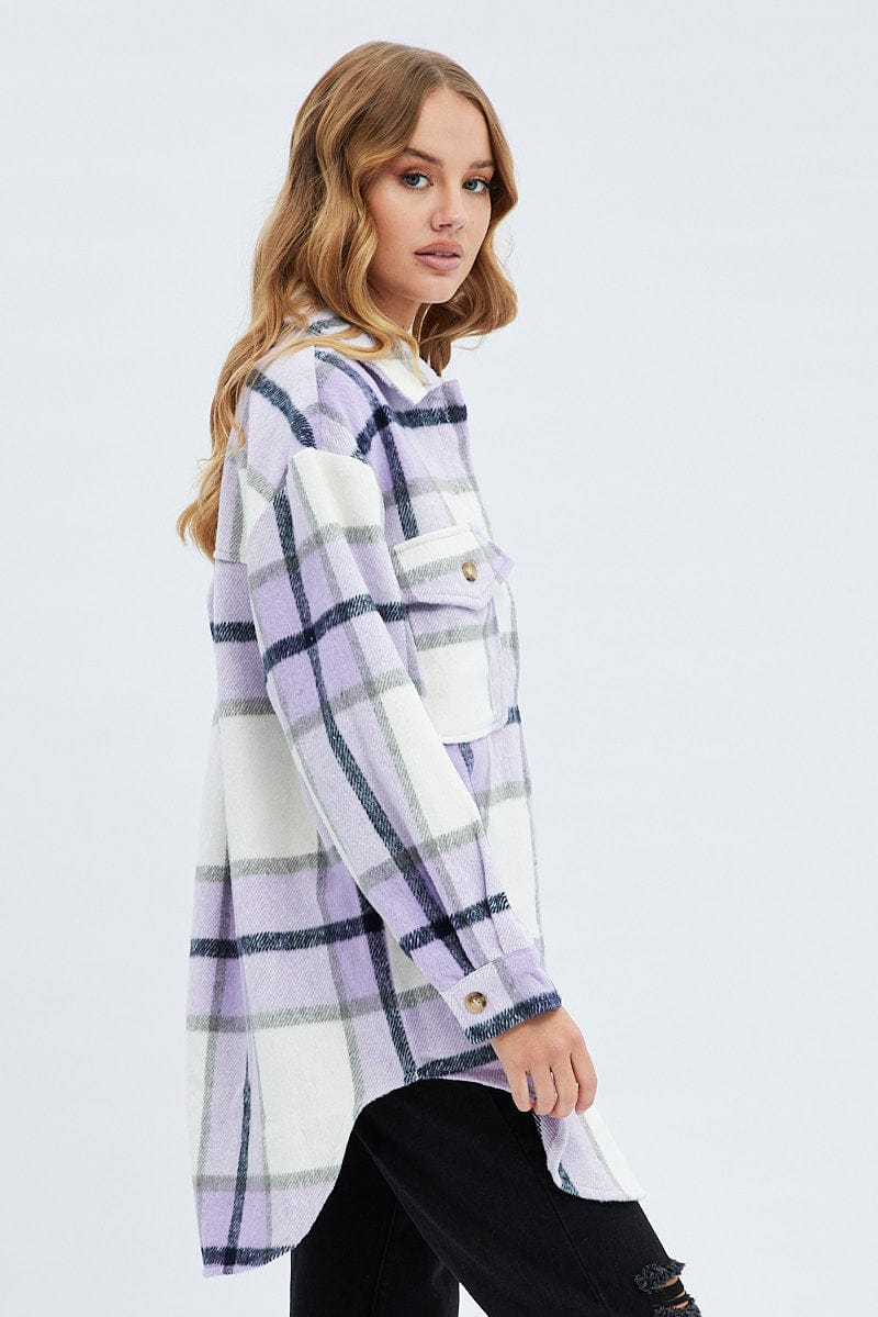 Purple Check Long Checked Print Jacket Long Sleeves for Ally Fashion