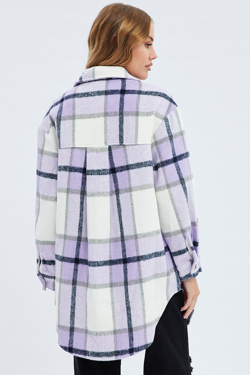 Purple Check Long Checked Print Jacket Long Sleeves for Ally Fashion