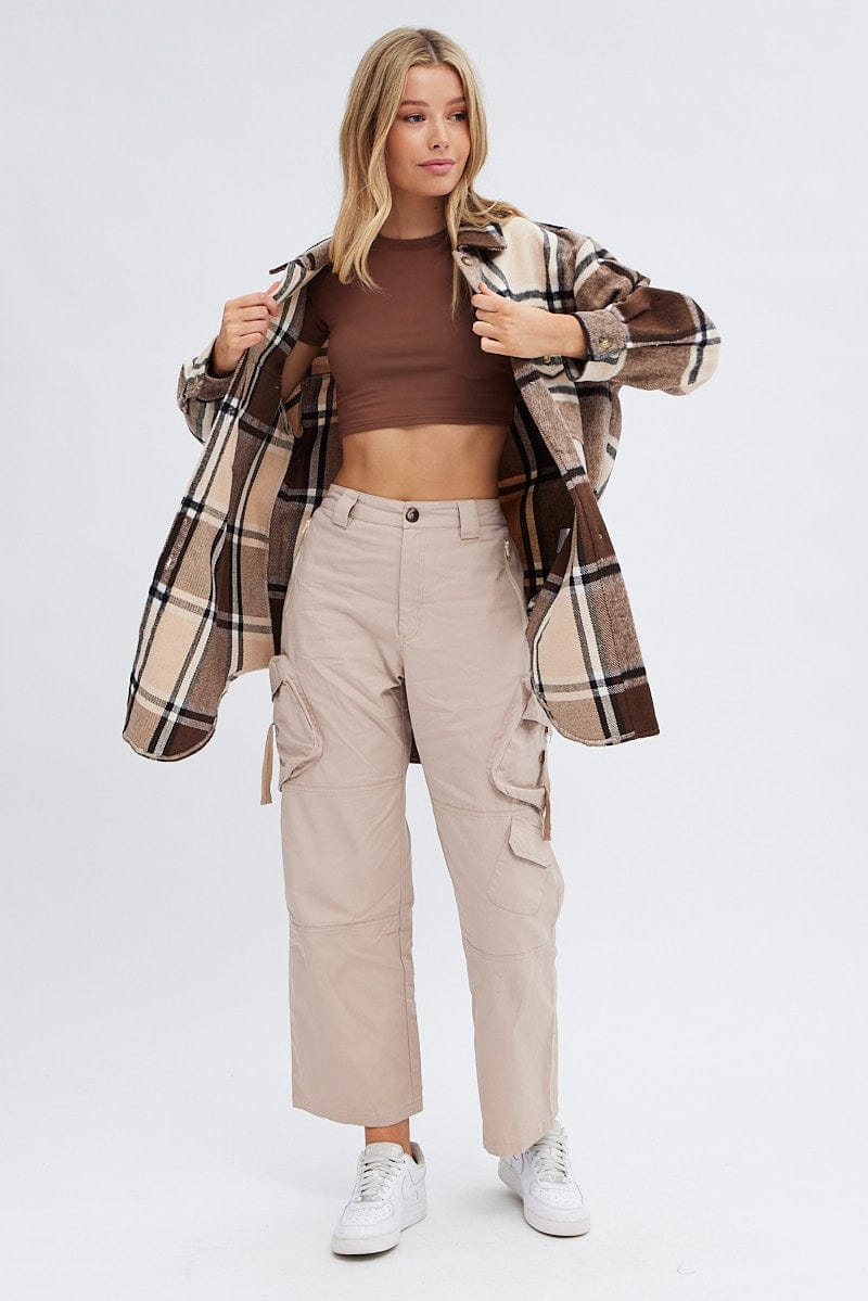 Brown Check Shirt Collar Long Sleeve Check for Ally Fashion