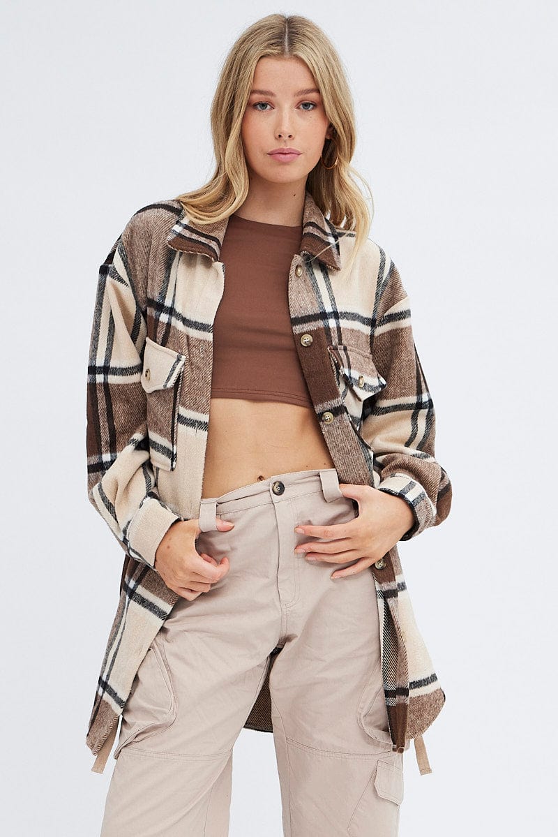 Brown Check Shirt Collar Long Sleeve Check for Ally Fashion