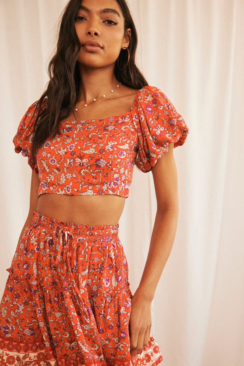 Red Boho Crop Top Short Sleeve Off Shoulder Full Volume for Ally Fashion