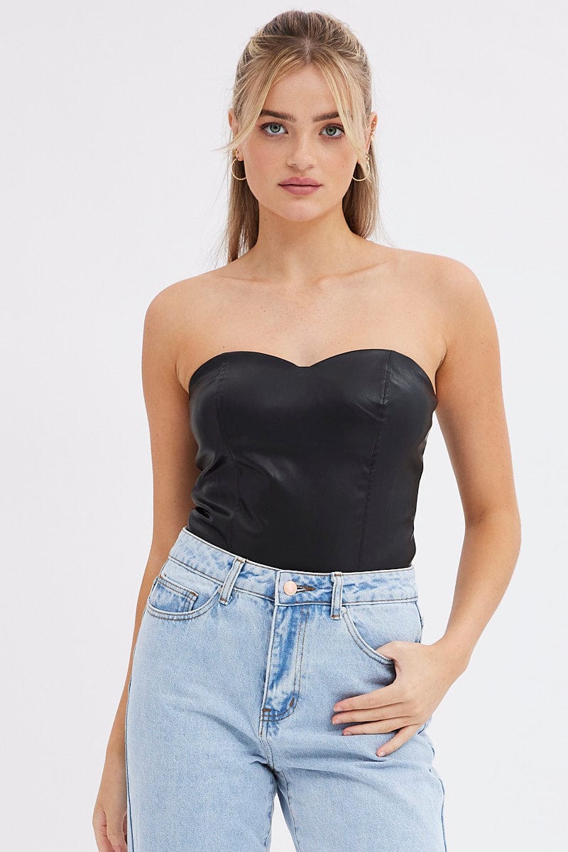 Black Bodysuit Sleeveless Sweetheart Faux-Leather from Ally Fashion