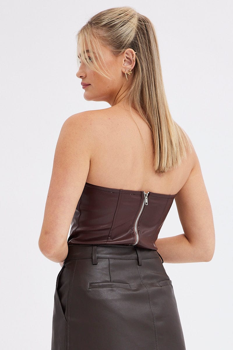 Get Into It Faux Leather Bodysuit, Brown