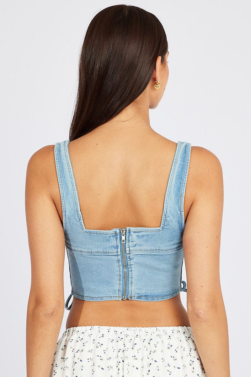 Denim Corset Sleeveless Scoop Neck Lace Up Stretch for Ally Fashion