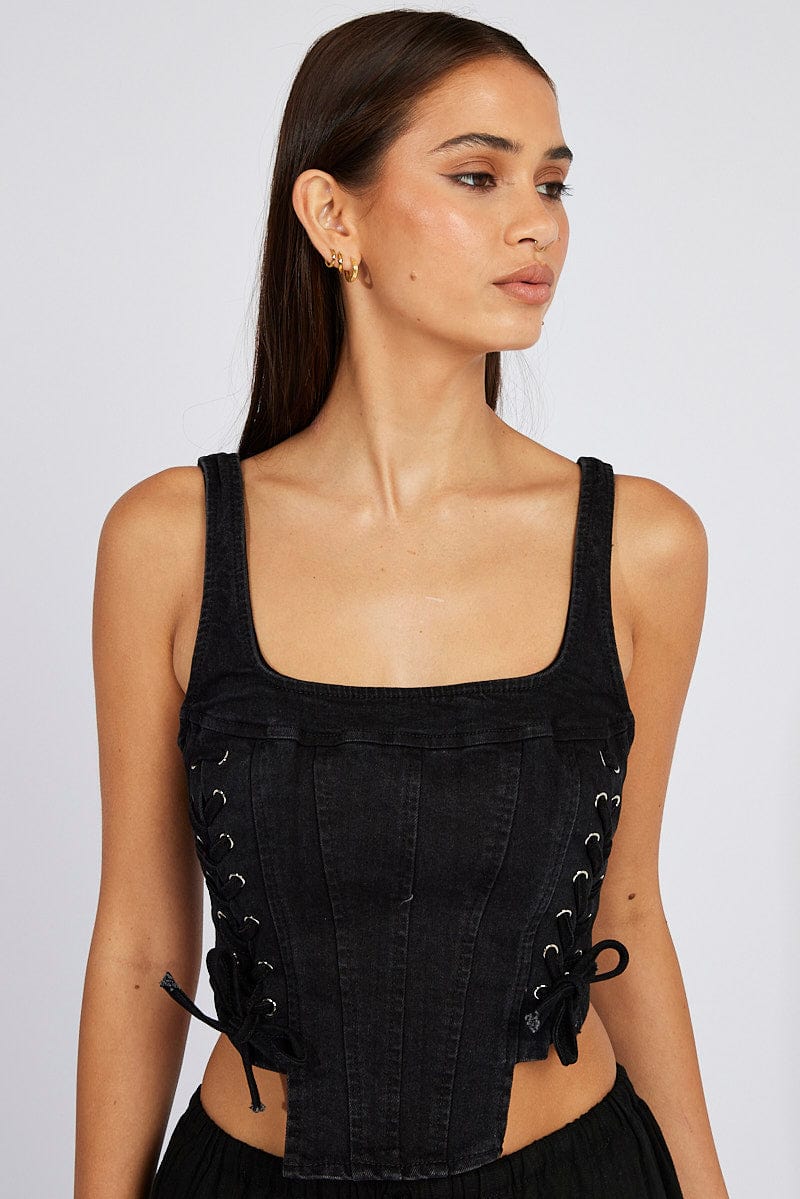 Black Corset Sleeveless Scoop Neck Lace Up Stretch for Ally Fashion