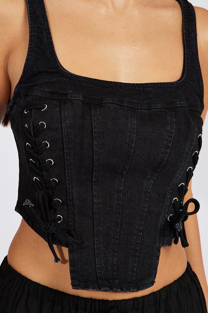 Black Corset Sleeveless Scoop Neck Lace Up Stretch for Ally Fashion