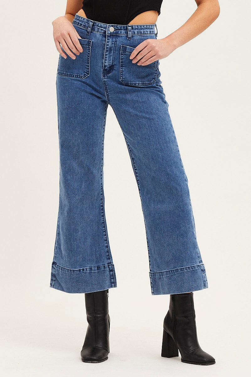 WIDE LEG JEAN Blue Denim Jeans High Rise Wide Leg Pocket for Women by Ally