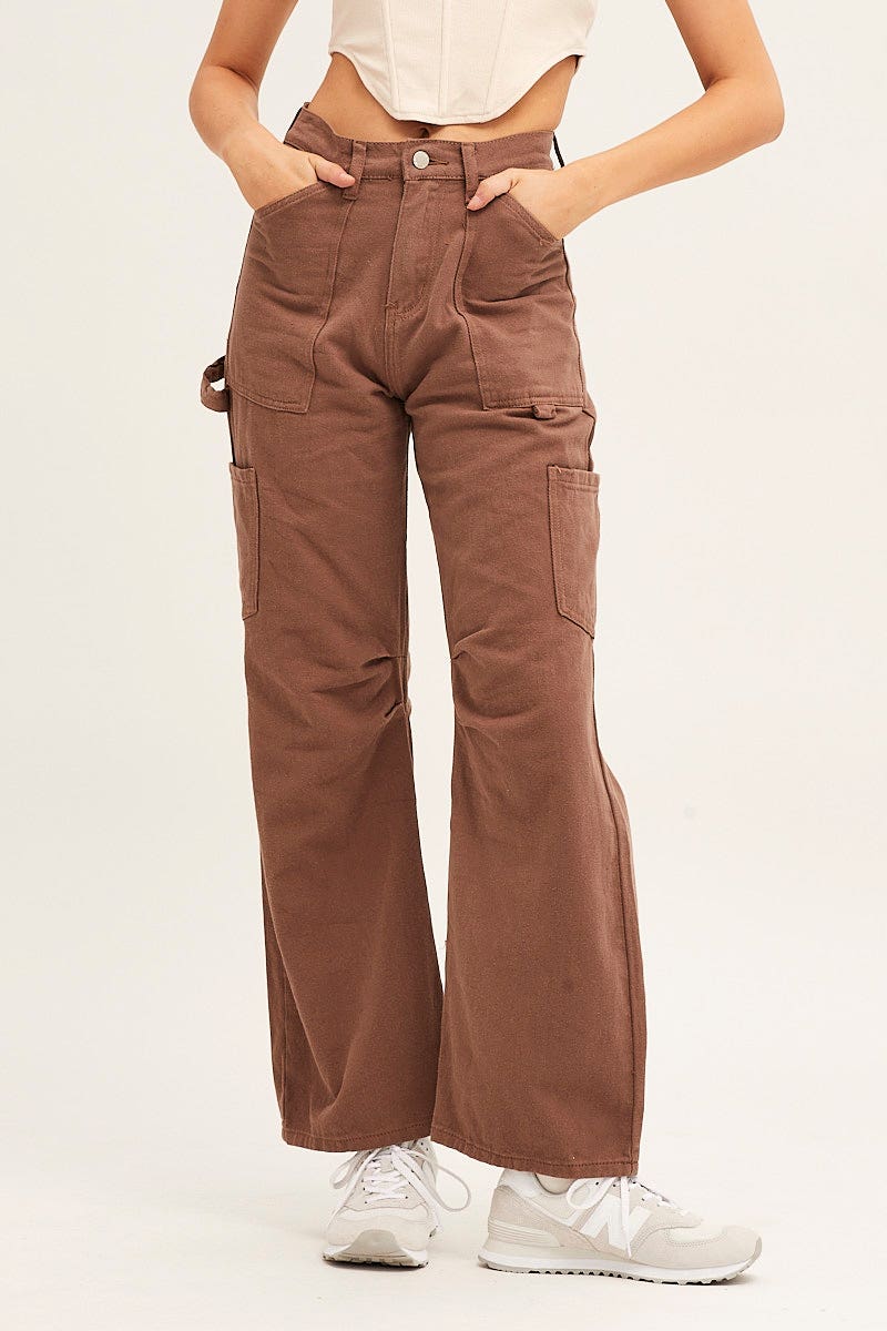WIDE LEG JEAN Brown Carpenter Jeans Cargo Pocket for Women by Ally