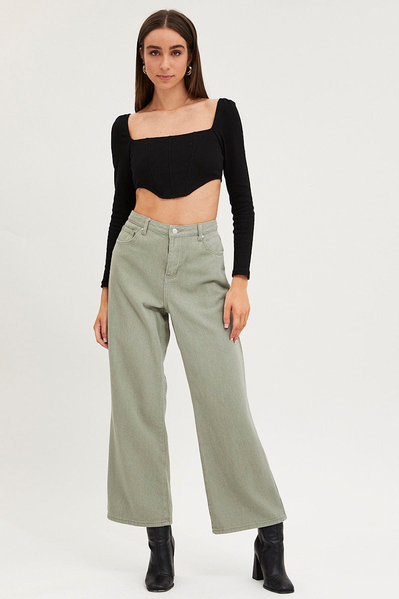 Women’s Green Wide Leg Denim Jeans High Rise | Ally Fashion