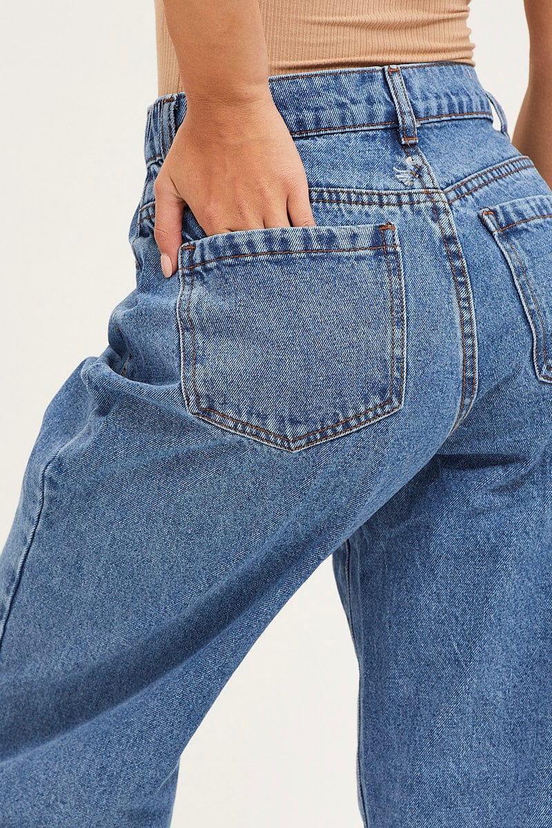 WIDE LEG JEAN Mid Blue Wide Leg Denim Jeans High Rise for Women by Ally