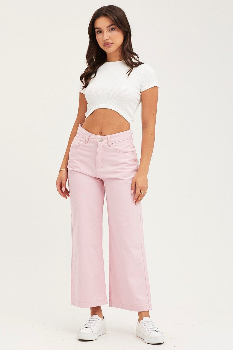 WIDE LEG JEAN Pink Denim Jeans Wide Leg High Rise Cropped for Women by Ally