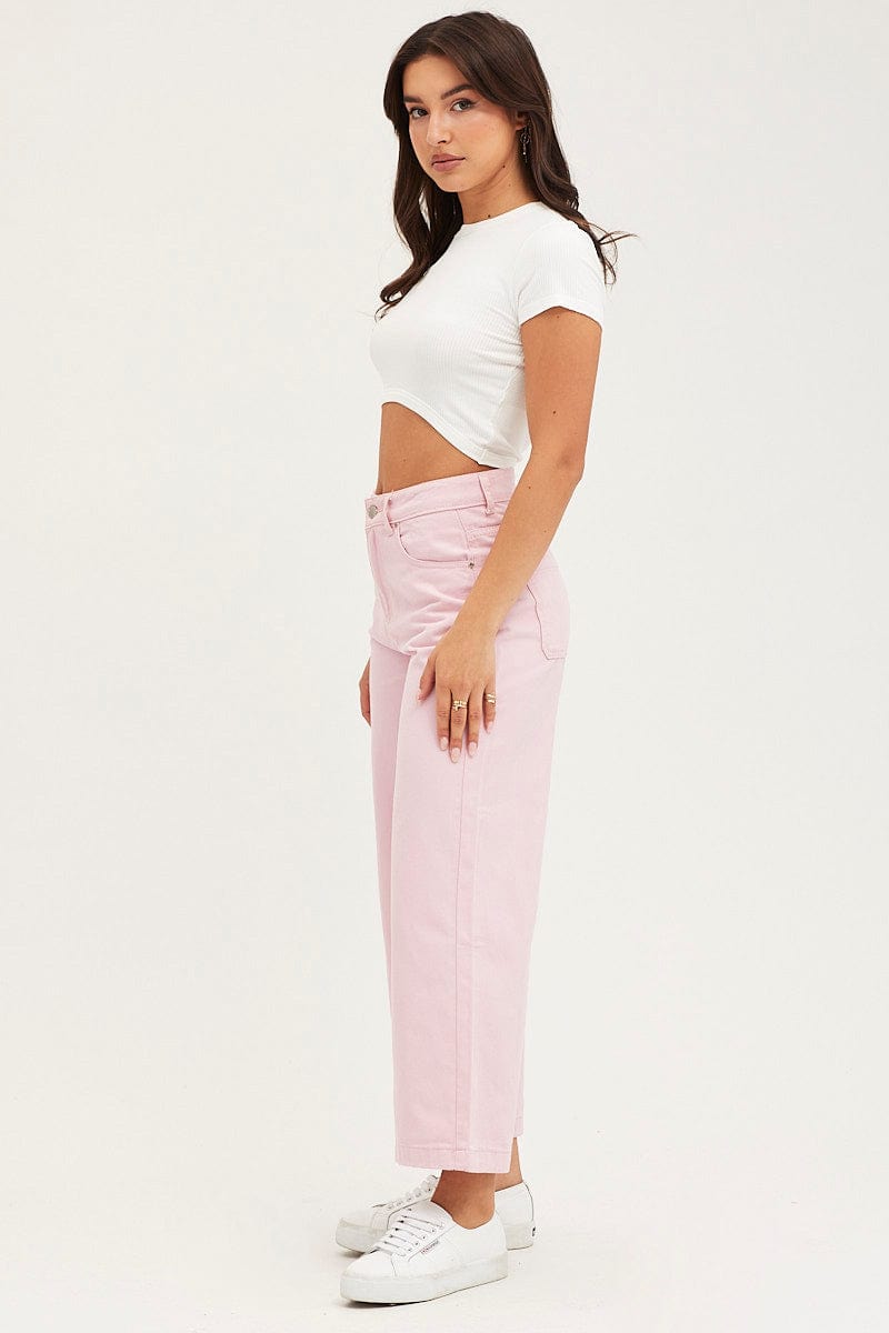 Pink Denim Jeans Wide Leg High Rise Cropped