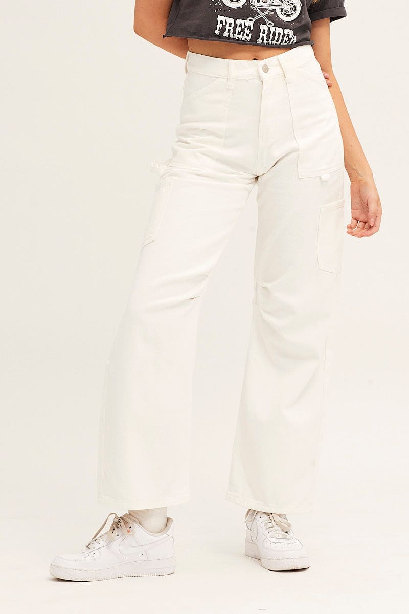 WIDE LEG JEAN White Carpenter Jeans Cargo Pocket for Women by Ally