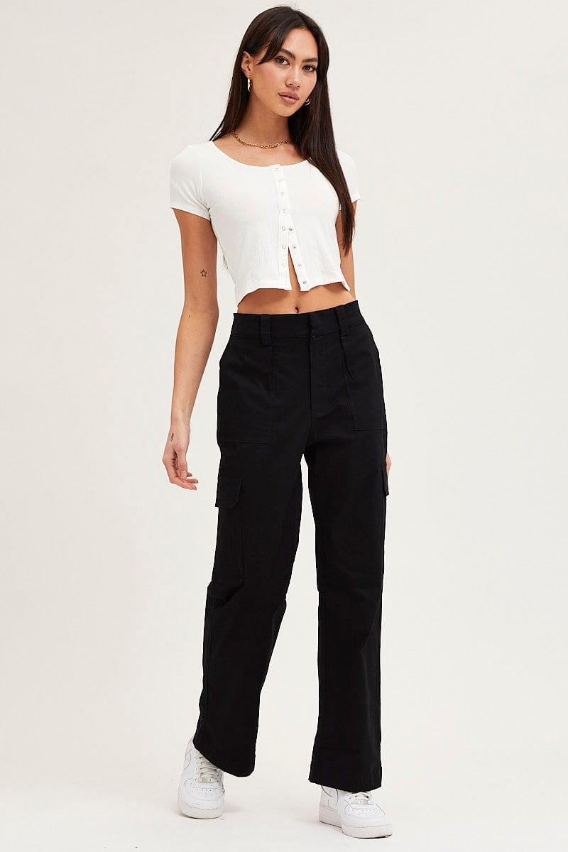 Black Buckle Detail Belted Cargo Trousers