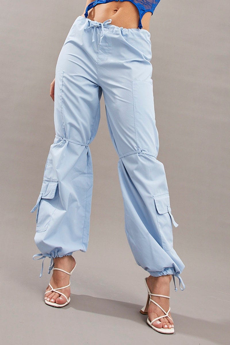 Flaw Wear Baby Blue Parachute Trousers with Elastic Waist and Leg