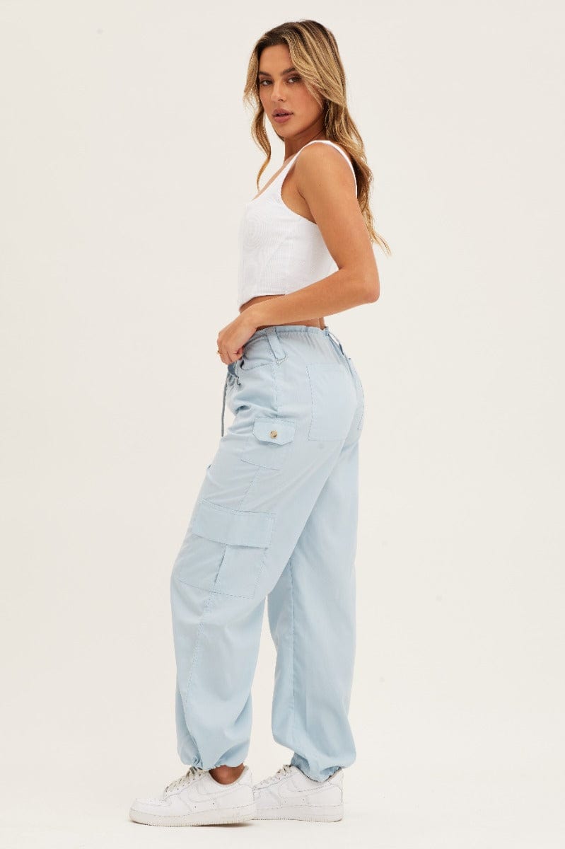 WIDE LEG PANTS Blue Cargo Parachute Pants Strap Waist for Women by Ally