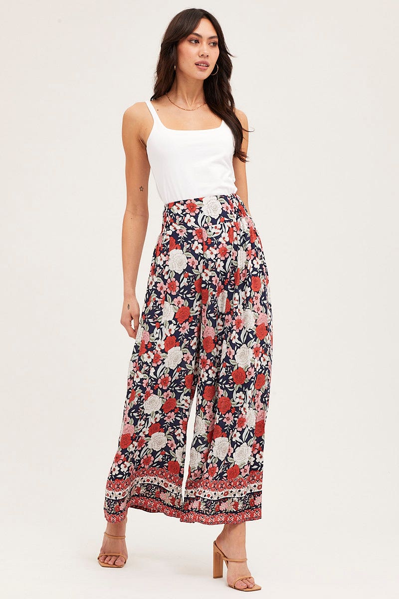 Women's Boho Print Wide Leg Pants High Rise Elastic Waist Ally