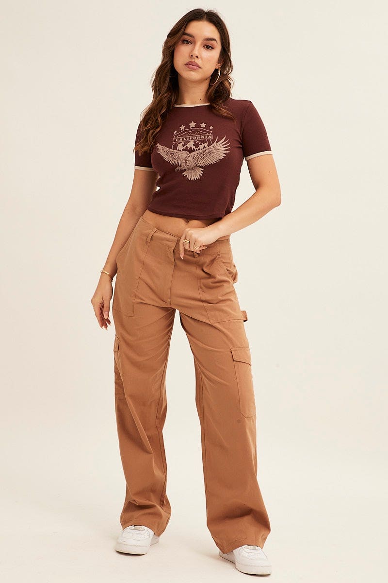 WIDE LEG PANTS Camel Cargo Pant Mid Rise for Women by Ally