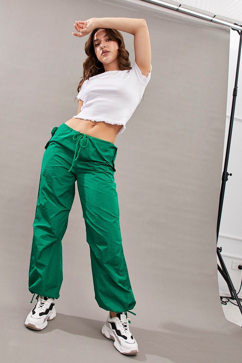 WIDE LEG PANTS Green Utility Relaxed Pant Low Rise for Women by Ally