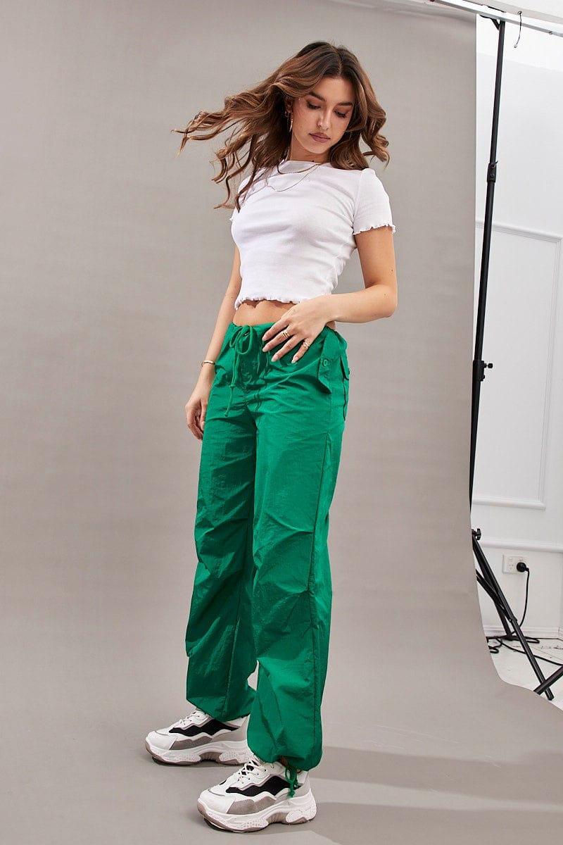 WIDE LEG PANTS Green Utility Relaxed Pant Low Rise for Women by Ally