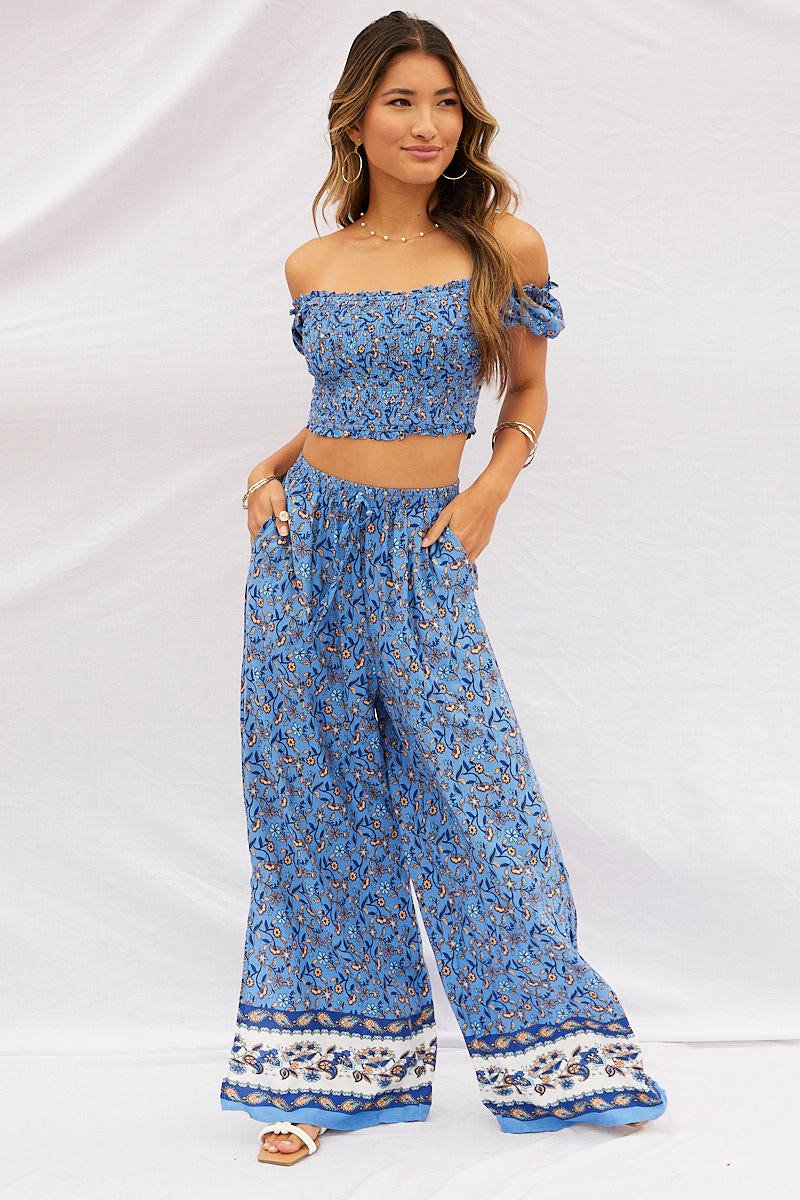 WIDE LEG PANTS Print Pants High Rise Elastic Waist Wide Leg for Women by Ally