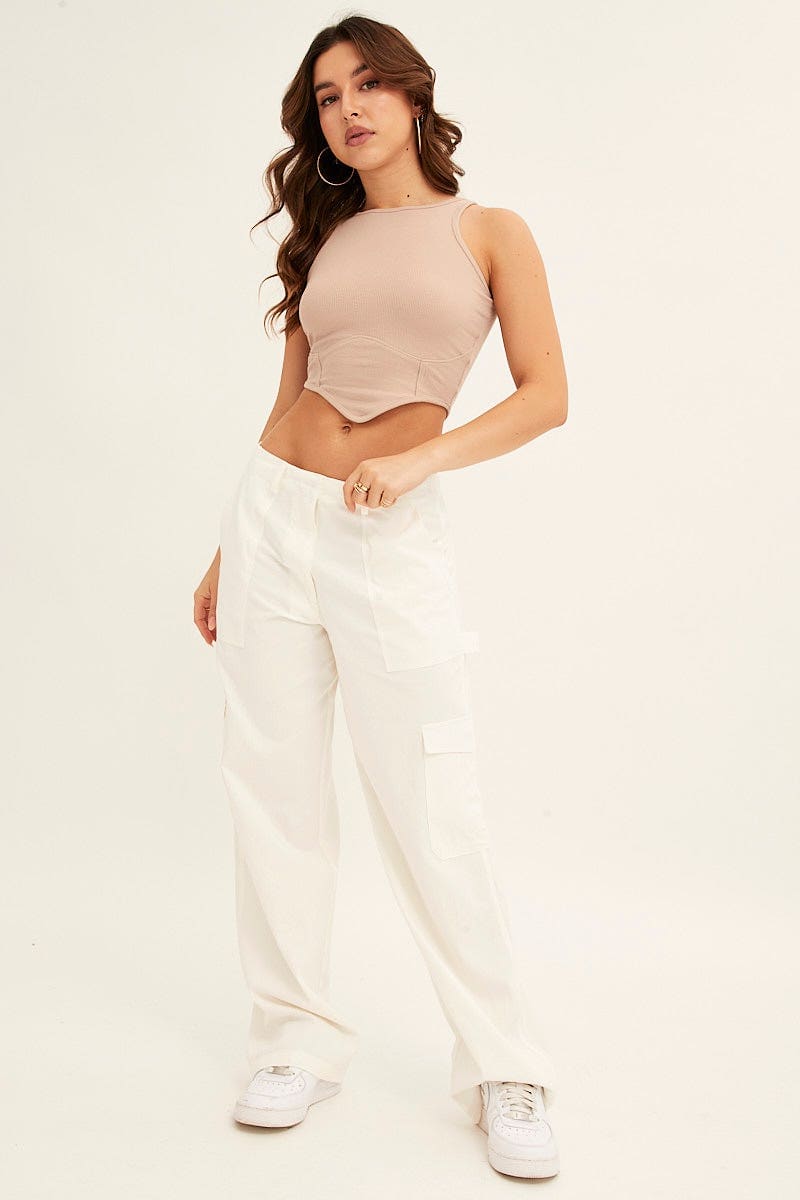 WIDE LEG PANTS White Cargo Pant Mid Rise for Women by Ally