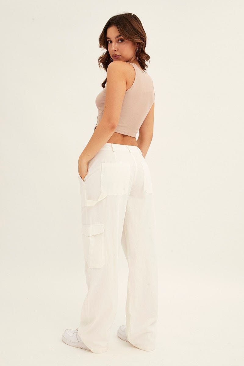 WIDE LEG PANTS White Cargo Pant Mid Rise for Women by Ally