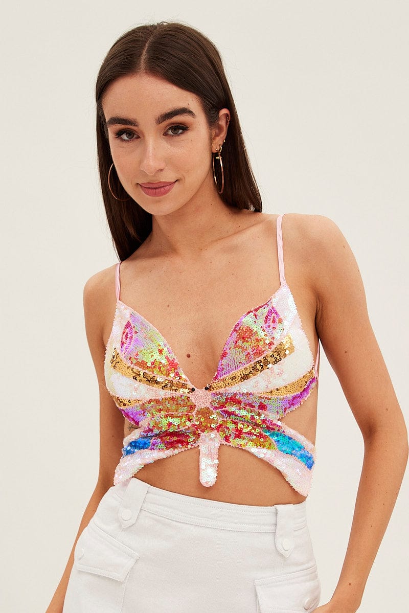 Multi Glitter Butterfly Halter Top for Ally Fashion
