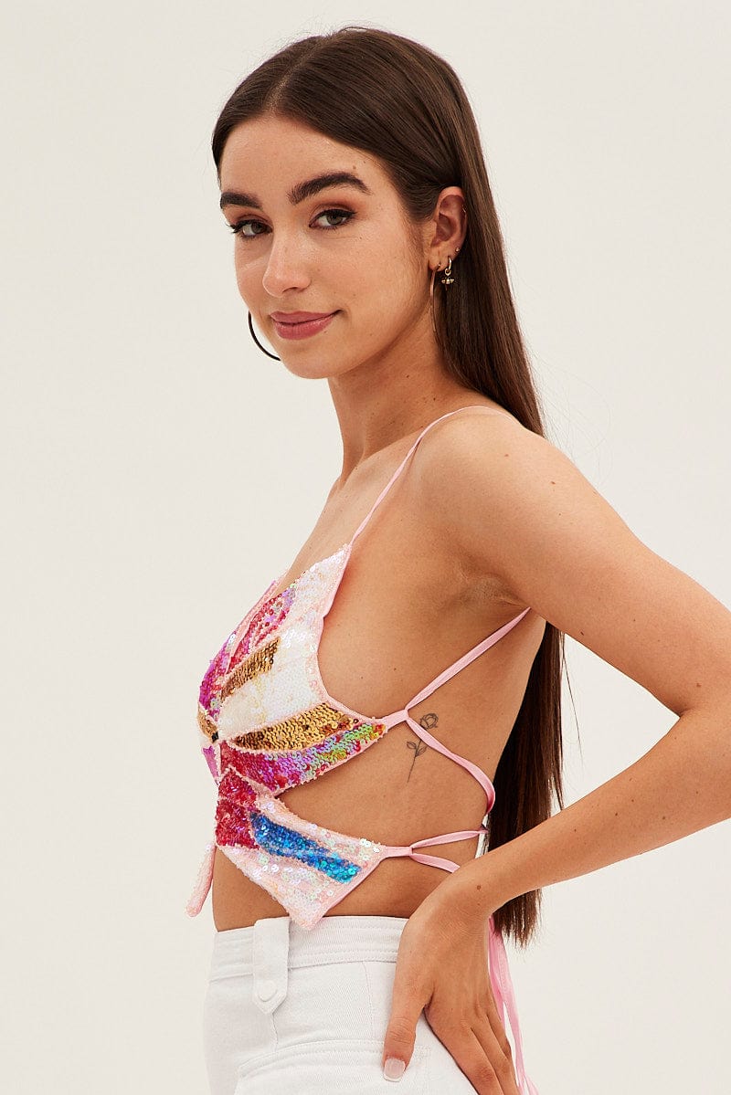 Multi Glitter Butterfly Halter Top for Ally Fashion