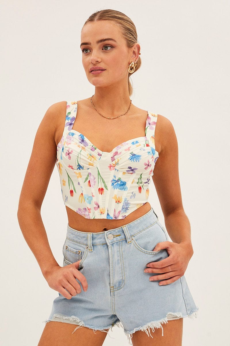 White Floral Floral Print Ruched Corset Top for Ally Fashion