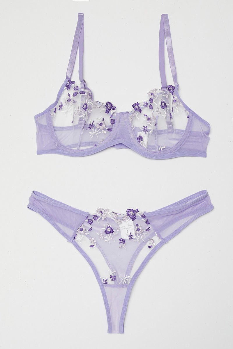 Purple Floral Embroidered Lingerie Set for Ally Fashion