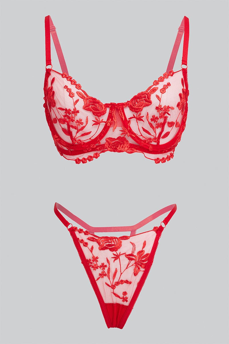 Red Floral Embroidered Lingerie Set for Ally Fashion