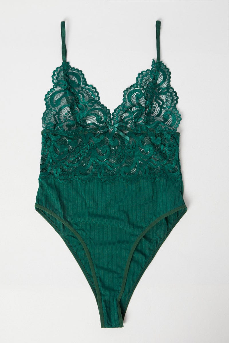 Green Lace Patchwork One Piece Bodysuit for Ally Fashion