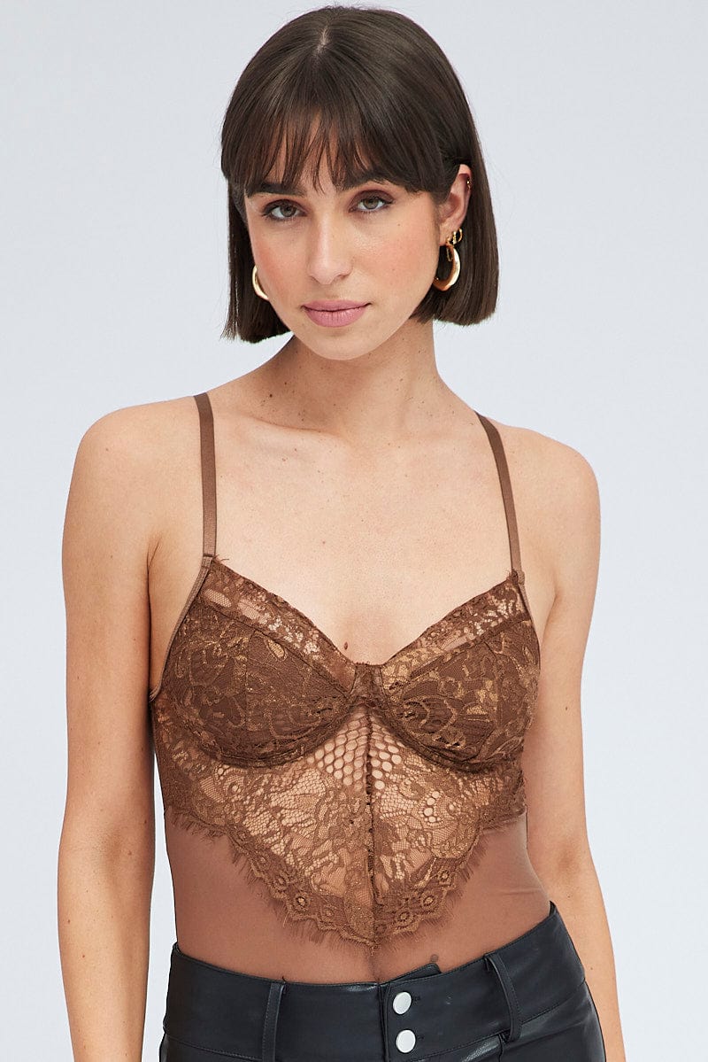 Brown Lace One Piece Bodysuit for Ally Fashion