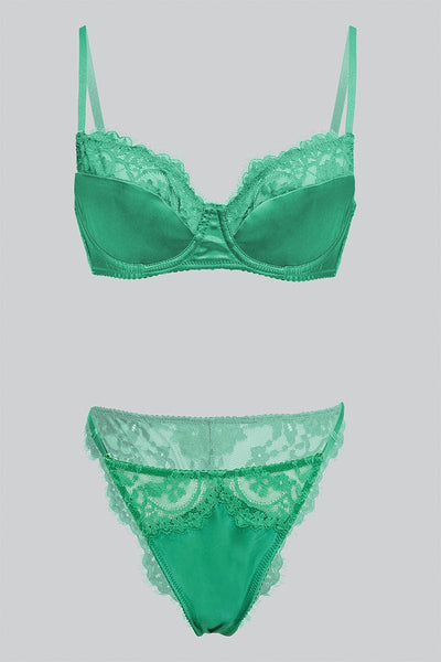 Emerald green satin bra and panty set, Women's Fashion, Dresses & Sets,  Traditional & Ethnic wear on Carousell