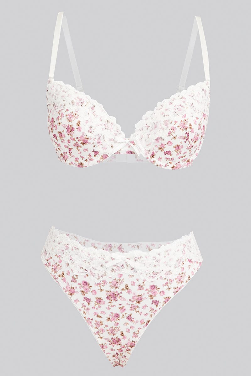 White Floral Floral Print Lace Lingerie Set for Ally Fashion