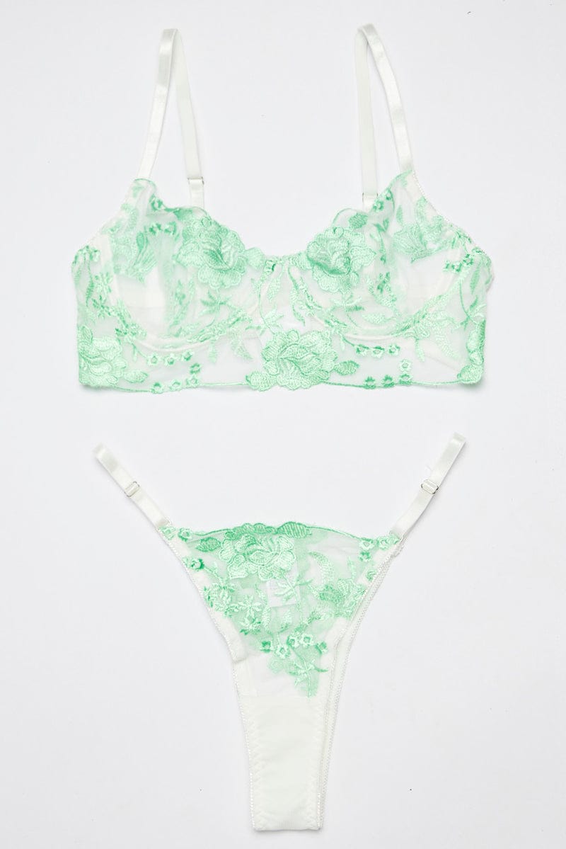 Green Floral Embroidered Lingerie Set for Ally Fashion