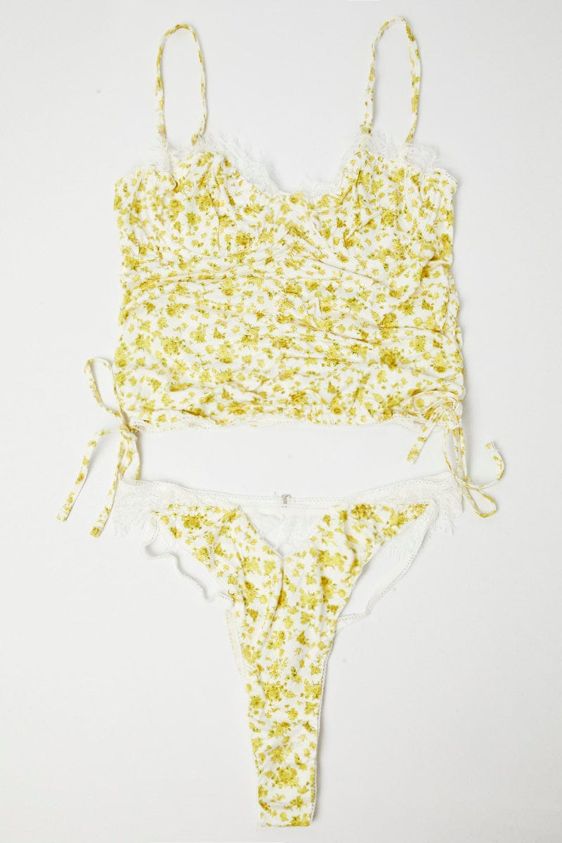 Yellow Floral Floral Print Lingerie Set for Ally Fashion