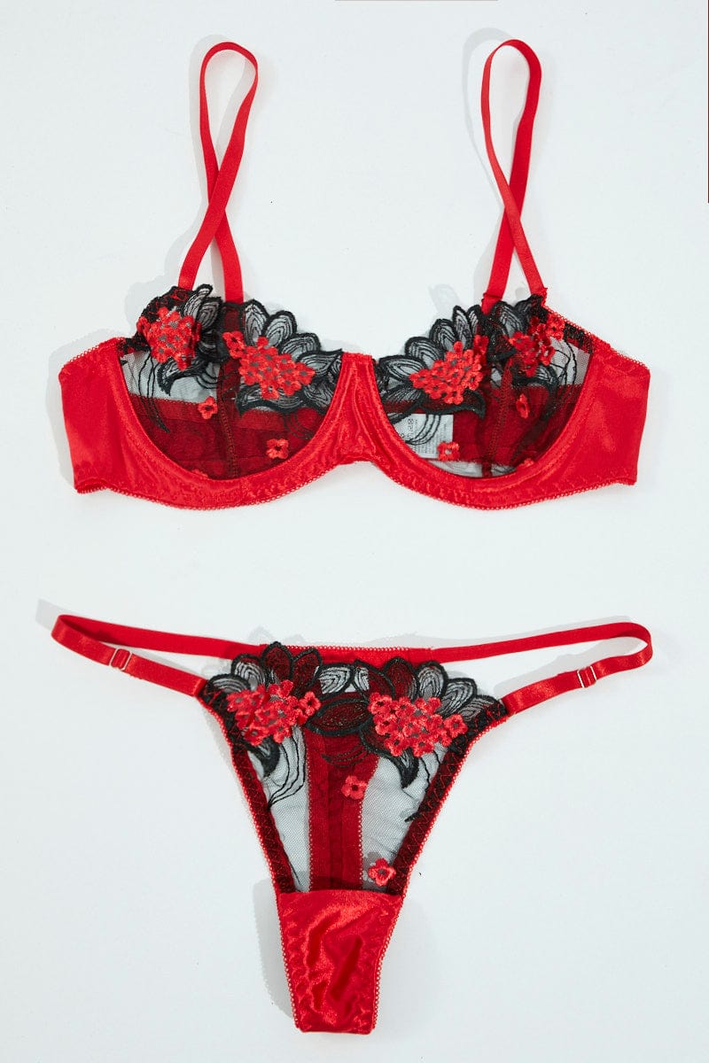 Red Embroidery Lingerie Set for Ally Fashion