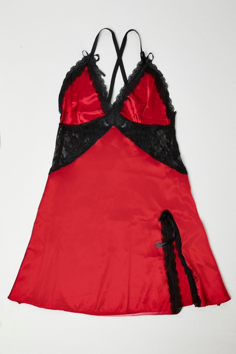 Red Lingerie Set Slip Nightdress with Thong for Ally Fashion